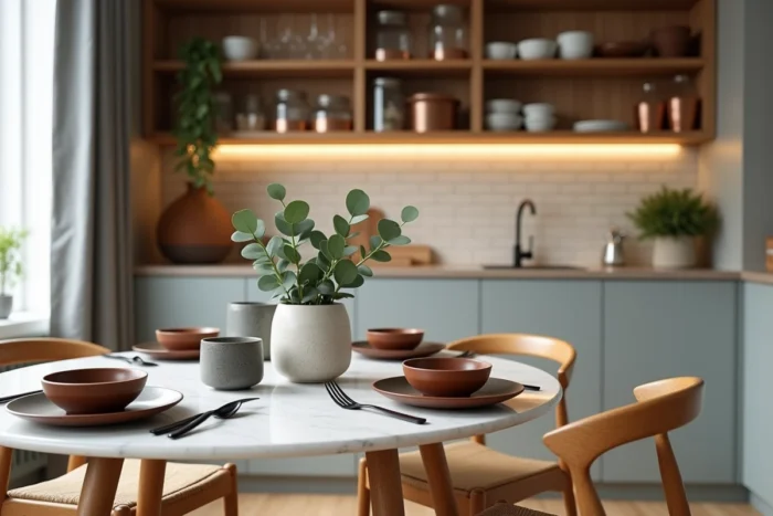 Salle à manger contemporaine avec table en marbre, chaises en hêtre courbé et cuisine ouverte aux étagères décorées de façon moderne