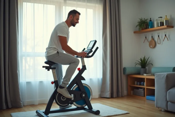 Vue d'ensemble d'une salle de fitness domestique avec un vélo d'appartement SportPlus et un homme inspectant les réglages