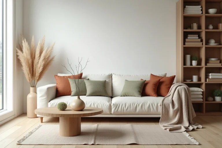 Salon moderne de style scandinave avec canapé en lin crème, coussins terracotta et table basse en chêne brut, décoration minimaliste et naturelle
