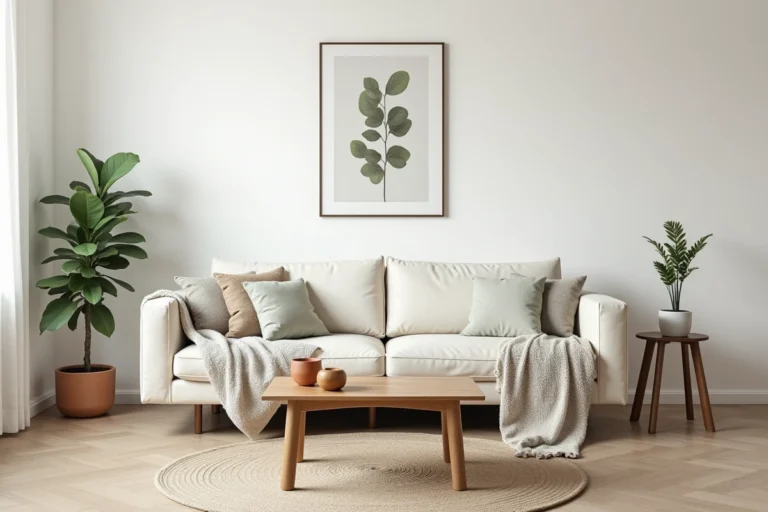Salon scandinave épuré avec canapé crème, coussins en lin et table basse en chêne naturel pour une décoration intérieure chaleureuse