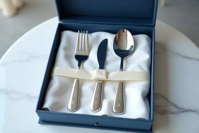 Set de couverts en argent pour bébé gravé avec des initiales et une croix, disposé dans un écrin en velours bleu marine sur une surface en marbre blanc
