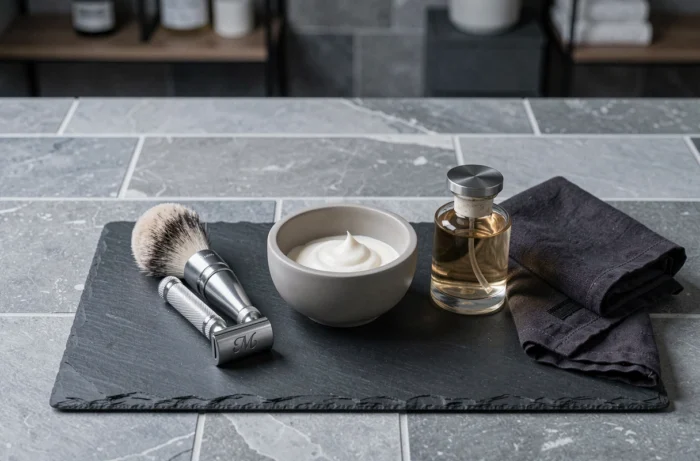 Set de rasage personnalisé pour homme posé sur ardoise avec rasoir gravé, blaireau et bol en céramique