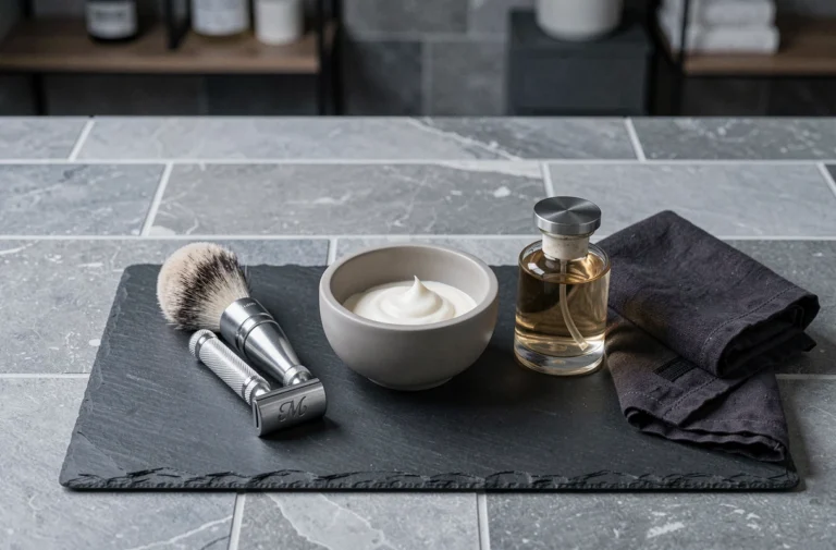 Set de rasage personnalisé pour homme posé sur ardoise avec rasoir gravé, blaireau et bol en céramique