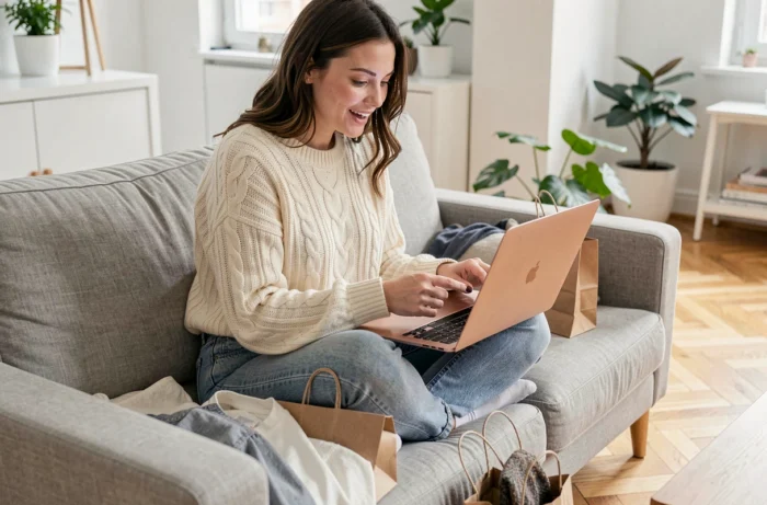 Jeune femme faisant du shopping en ligne sur son ordinateur portable depuis son canapé avec des sacs tendance autour d'elle
