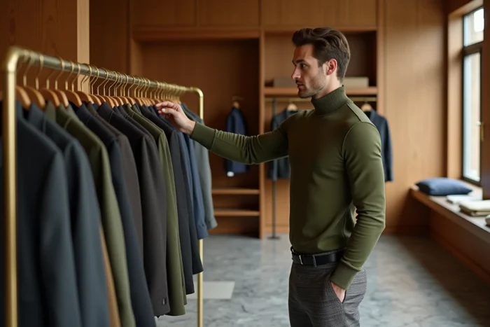 Homme parcourant une nouvelle collection de mode masculine dans un showroom haut de gamme aux finitions en chêne et laiton
