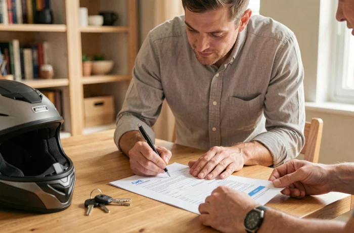 Deux personnes signant un certificat de cession de moto sur une table en bois, avec un casque et des clés posés à côté des documents