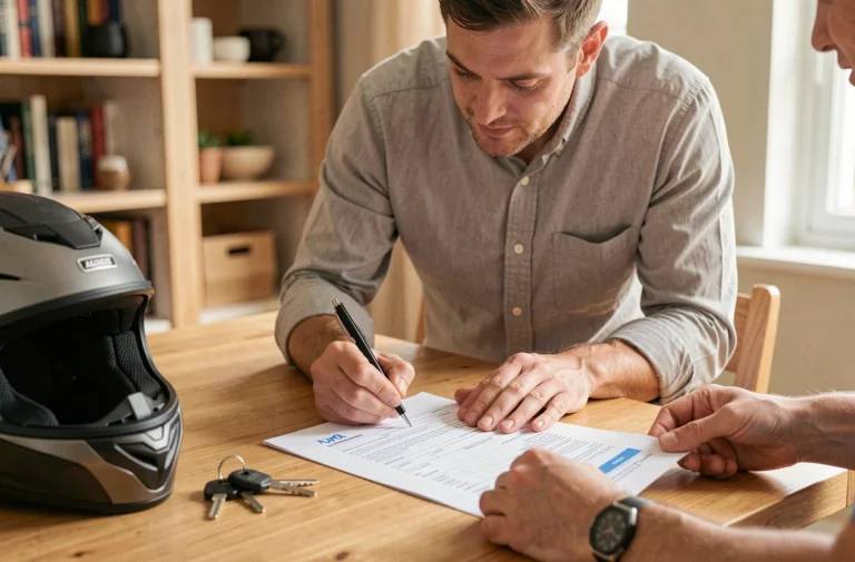 Deux personnes signant un certificat de cession de moto sur une table en bois, avec un casque et des clés posés à côté des documents