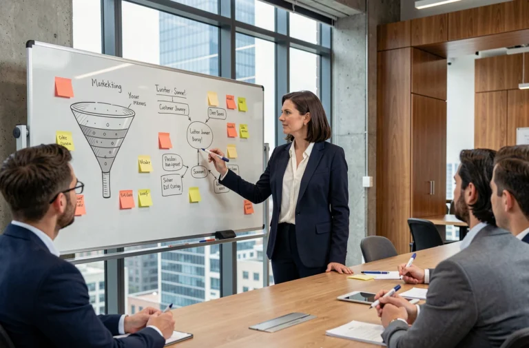 Stratège marketing féminine présentant une stratégie de campagne à son équipe devant un tableau blanc couvert de diagrammes et de notes colorées dans un bureau moderne.