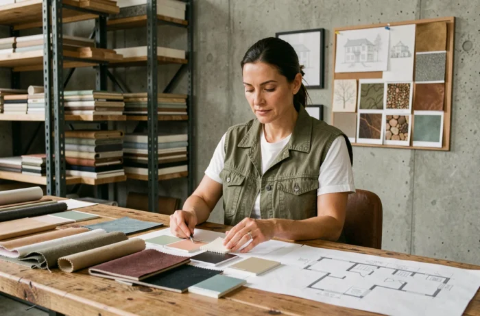 Décoratrice d'intérieur dans un studio de design étudiant des échantillons de tissus et des plans de rénovation