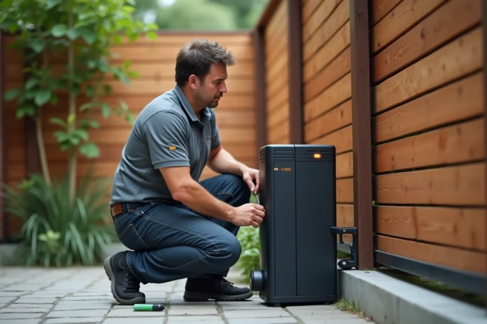 Technicien professionnel réinitialisant un moteur de portail coulissant Somfy avec voyant ambre clignotant à l'aide d'un tournevis