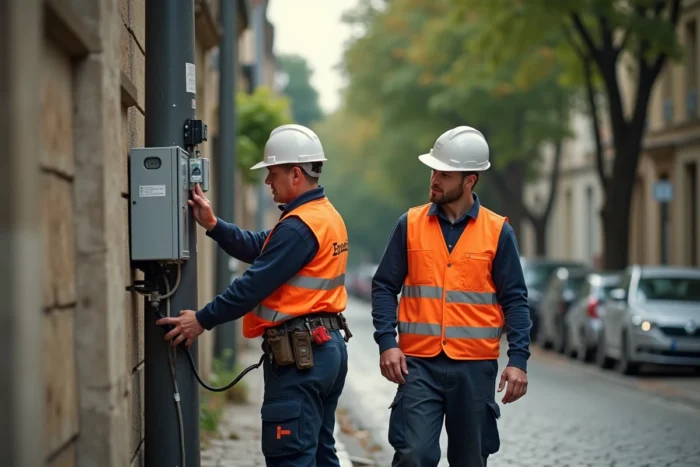 Techniciens Enedis effectuant le branchement électrique au réseau public sur un poteau de distribution en zone résidentielle
