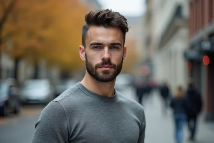 Jeune homme portant une barbe collier courte dans un cadre urbain en automne