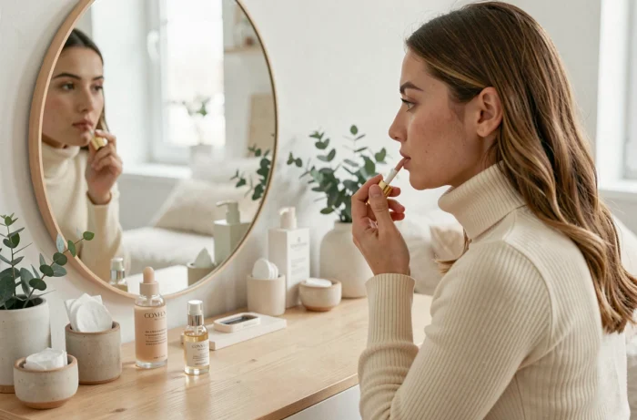 Jeune femme appliquant un gloss nude devant un miroir rond dans une chambre minimaliste scandinave avec produits de soin et textures lin, tendances beauté 2024