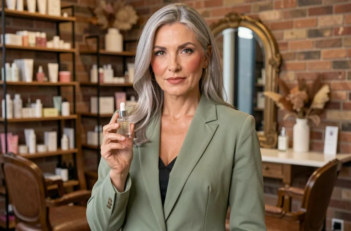 Femme de 40 ans aux cheveux argentés tenant un sérum en salon de beauté urbain contemporain, tendances beauté et soin peau mature 2024