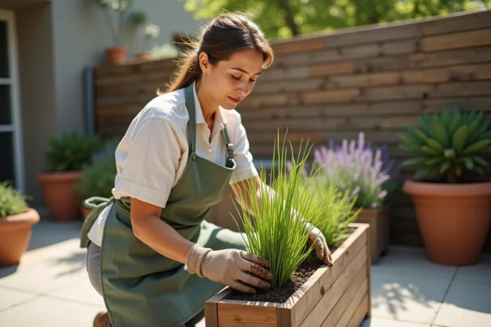 Femme jardinière transplantant une graminée ornementale dans un bac en bois sur une terrasse urbaine moderne