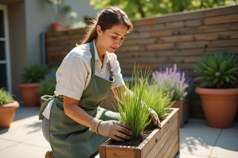 Femme jardinière transplantant une graminée ornementale dans un bac en bois sur une terrasse urbaine moderne