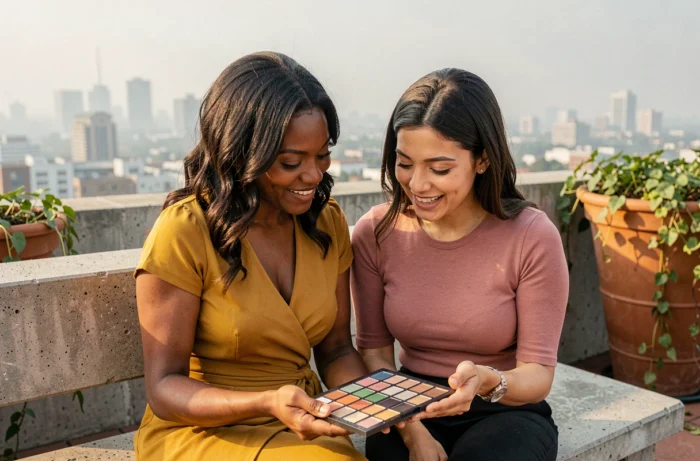 Deux femmes aux carnations différentes explorant une palette de maquillage sur une terrasse urbaine, diversité et tendances maquillage 2024