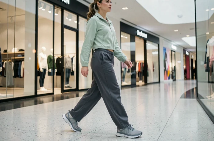 Femme en veste athletic et sneakers futuristes mesh tendances streetwear dans un centre commercial moderne