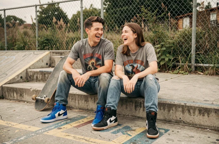 Deux amis en tenue streetwear et sneakers tendance assis sur des marches de skatepark ambiance lifestyle urbain