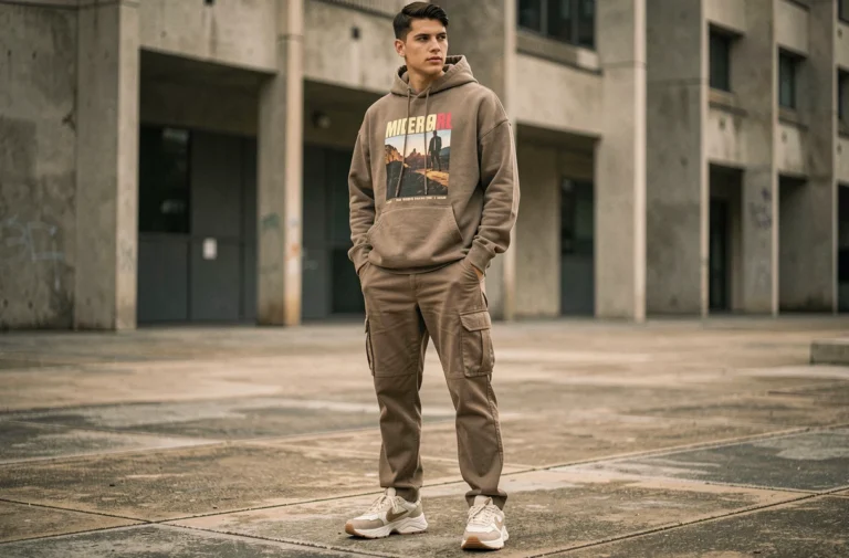 Jeune homme en hoodie oversize et sneakers chunky tendance streetwear saison automne-hiver dans un cadre urbain
