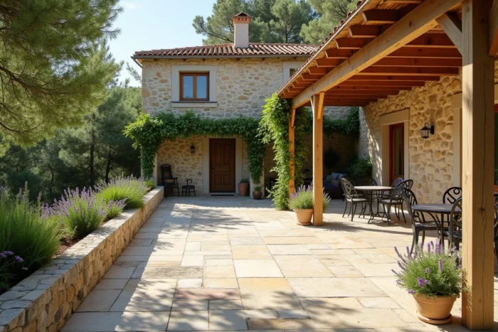 Terrasse résidentielle en pierre naturelle avec pergola en bois typique d'une maison française soumise à déclaration fiscale