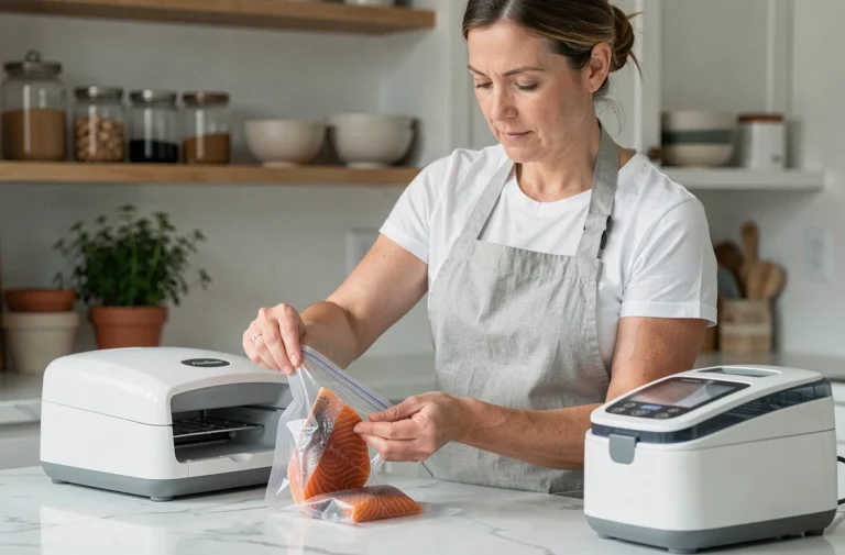 Femme utilisant un appareil de mise sous vide FoodSaver FFS005 pour conserver du saumon frais dans une cuisine moderne