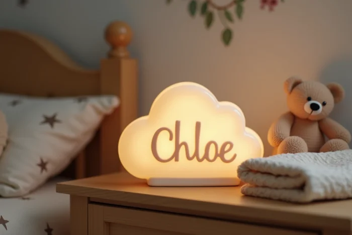Veilleuse artisanale en céramique en forme de nuage avec le prénom Chloé peint à la main, posée sur une table de nuit en bois dans une chambre de bébé douillette