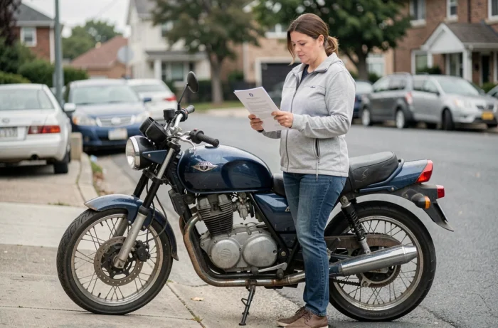 Femme consultant le certificat de cession de sa moto sur la voie publique avant la remise des clés à l'acheteur