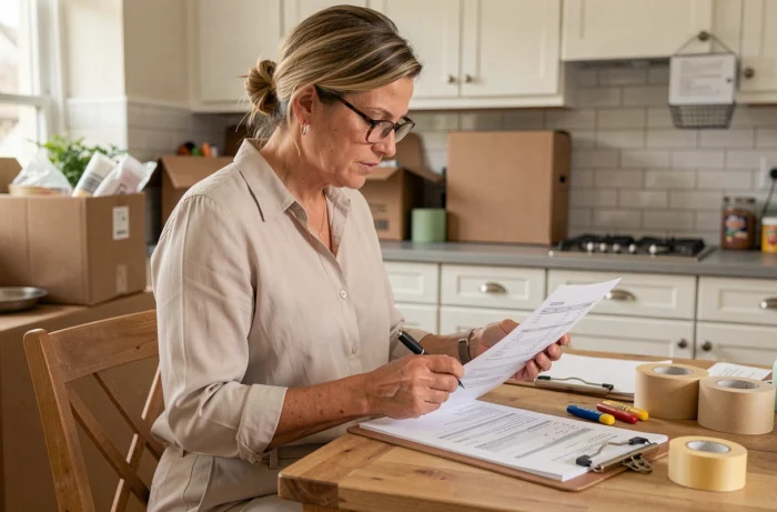 Une femme examine attentivement une facture de déménageur à une table de cuisine entourée de matériel d'emballage, illustrant la vérification du devis avant paiement