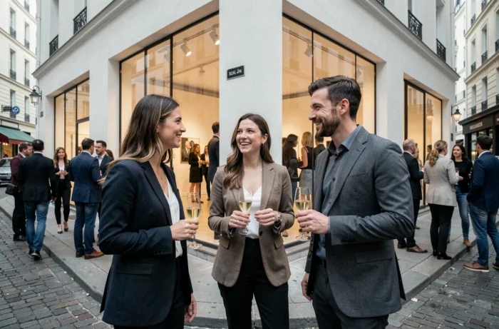 Groupe d'amis élégants devant une galerie d'art contemporaine lors d'un vernissage dans le Marais à Paris