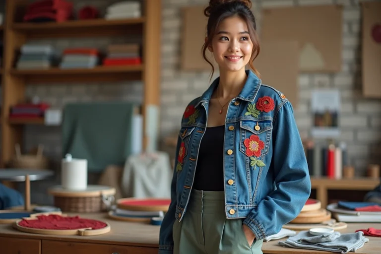 Jeune femme portant une veste en jean personnalisée avec broderies florales dans un atelier artisanal