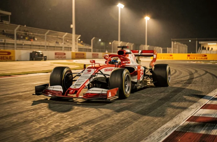 Voiture de Formule 1 en pleine course sur un circuit nocturne, capturée en grand angle avec flou de mouvement sur les roues