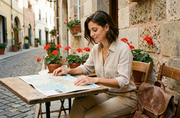 Voyageuse consultant une carte routière dans un café en terrasse d'une ville européenne