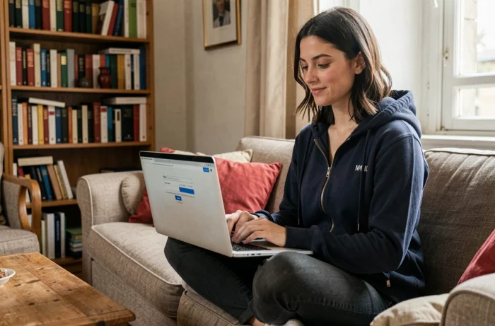 Jeune enseignante se connectant au webmail de l'académie de Dijon depuis son domicile sur un ordinateur portable