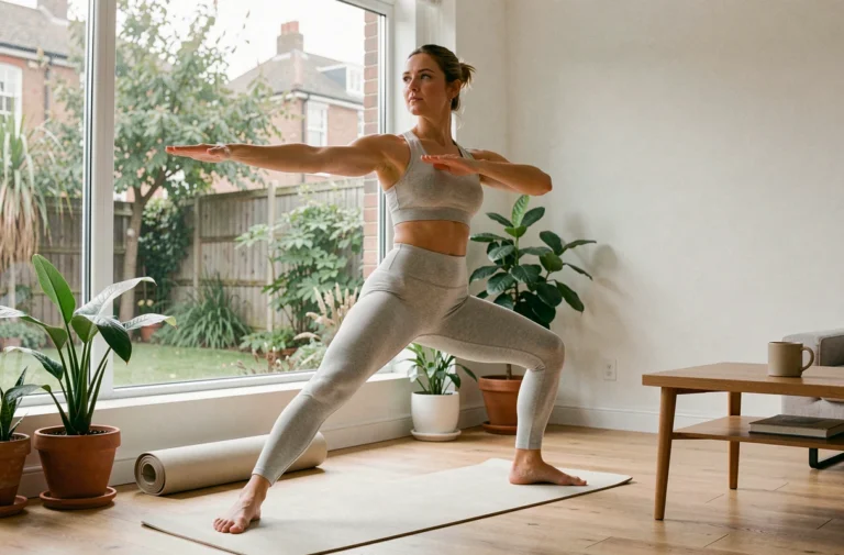 Femme pratiquant le yoga le matin dans un appartement lumineux pour prendre soin de sa santé au quotidien